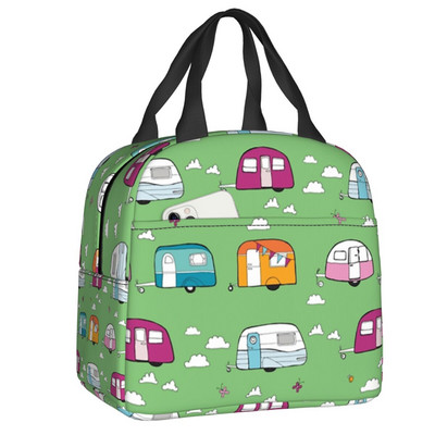 Toplinski izolirana torba za ručak sa svijetlim točkastim tratinčicama, vintage karavanski uzorak, posuda za ručak, kutija za hranu za žene Happy Camper