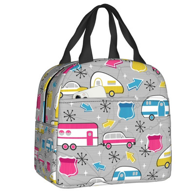 Toplinski izolirana torba za ručak sa svijetlim točkastim tratinčicama, vintage karavanski uzorak, posuda za ručak, kutija za hranu za žene Happy Camper