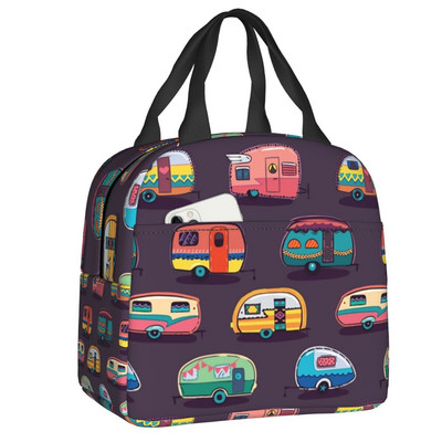 Toplinski izolirana torba za ručak sa svijetlim točkastim tratinčicama, vintage karavanski uzorak, posuda za ručak, kutija za hranu za žene Happy Camper