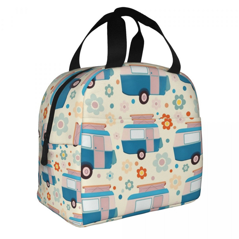 Toplinski izolirana torba za ručak sa svijetlim točkastim tratinčicama, vintage karavanski uzorak, posuda za ručak, kutija za hranu za žene Happy Camper