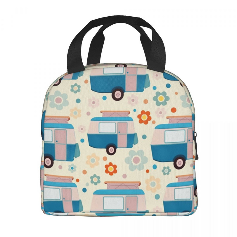 Toplinski izolirana torba za ručak sa svijetlim točkastim tratinčicama, vintage karavanski uzorak, posuda za ručak, kutija za hranu za žene Happy Camper