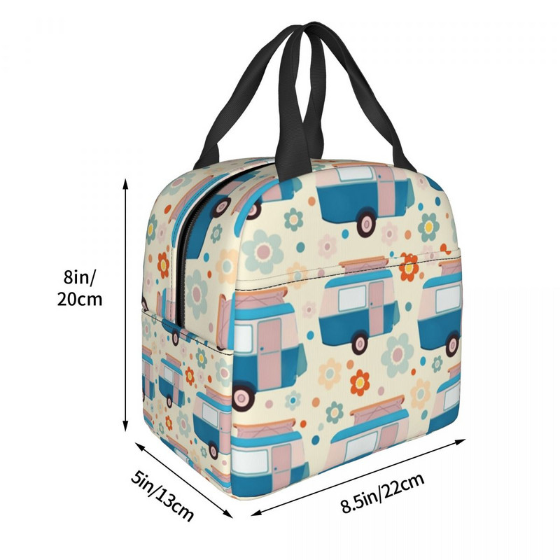 Toplinski izolirana torba za ručak sa svijetlim točkastim tratinčicama, vintage karavanski uzorak, posuda za ručak, kutija za hranu za žene Happy Camper