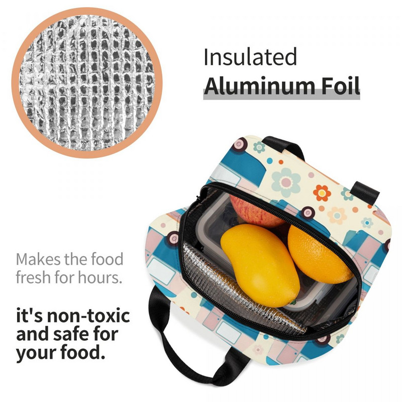 Toplinski izolirana torba za ručak sa svijetlim točkastim tratinčicama, vintage karavanski uzorak, posuda za ručak, kutija za hranu za žene Happy Camper