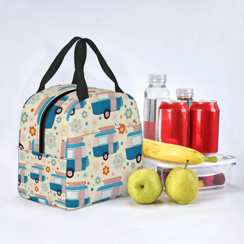 Toplinski izolirana torba za ručak sa svijetlim točkastim tratinčicama, vintage karavanski uzorak, posuda za ručak, kutija za hranu za žene Happy Camper