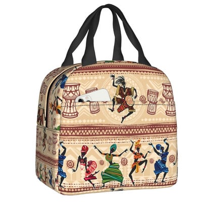 Geantă izolată cu model cu elemente africane pentru prânz, pentru femei, cultura etnică africană, cutie termică Bento, școală, călătorie