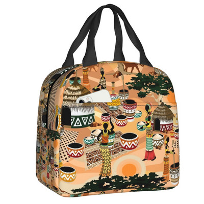 Geantă izolată cu model cu elemente africane pentru prânz, pentru femei, cultura etnică africană, cutie termică Bento, școală, călătorie