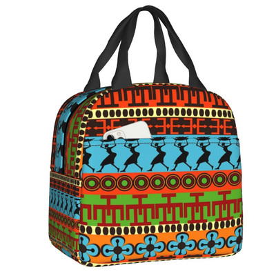 Geantă izolată cu model cu elemente africane pentru prânz, pentru femei, cultura etnică africană, cutie termică Bento, școală, călătorie