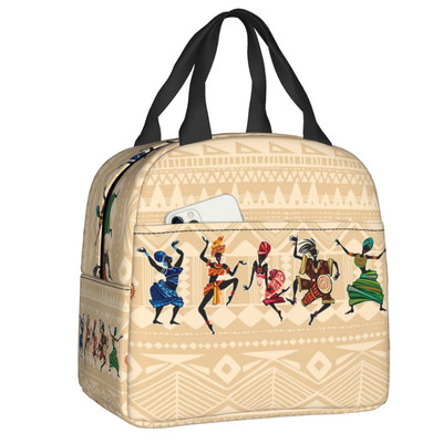 Geantă izolată cu model cu elemente africane pentru prânz, pentru femei, cultura etnică africană, cutie termică Bento, școală, călătorie