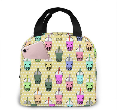 Pungi de prânz izolate cu ceai Boba pentru femei Geantă frigorifică cu buzunar frontal Cutie de prânz Geantă de prânz reutilizabilă pentru bărbați, adulți, fete