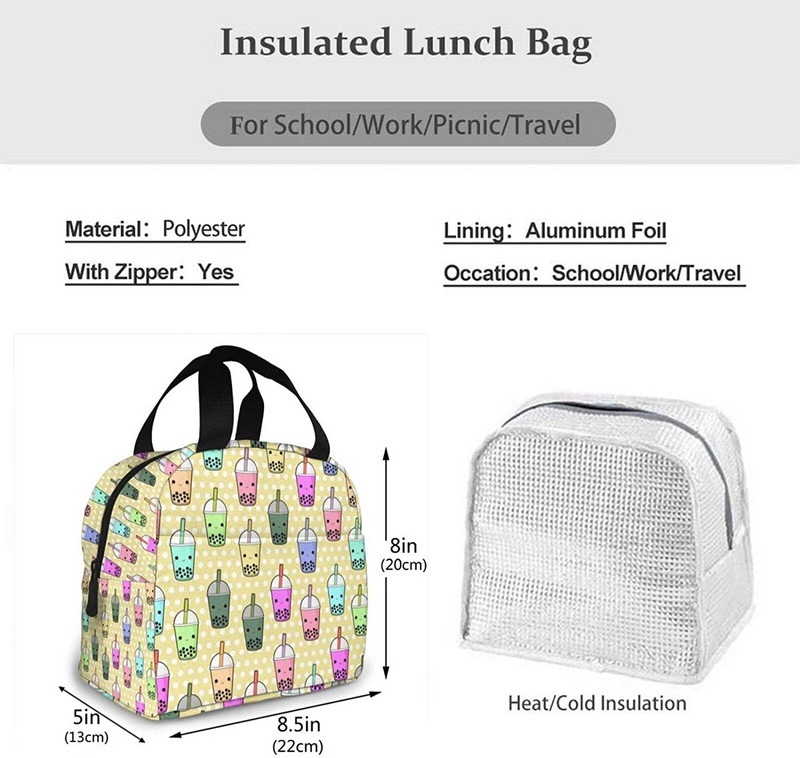 Pungi de prânz izolate cu ceai Boba pentru femei Geantă frigorifică cu buzunar frontal Cutie de prânz Geantă de prânz reutilizabilă pentru bărbați, adulți, fete