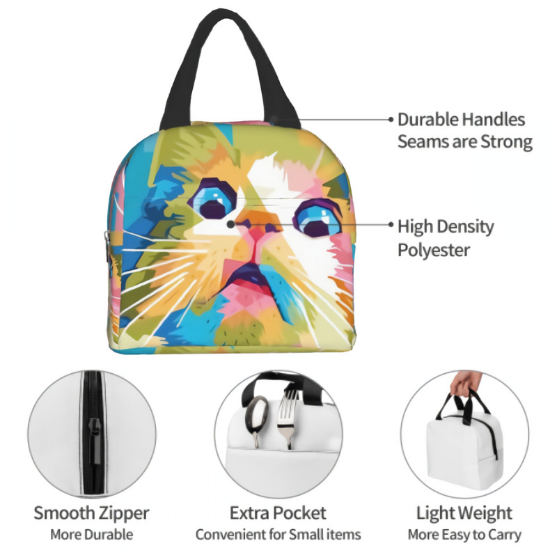 Smiješne mačje torbe za ručak Šarena mačja torba za ručak Izolirana rashladna torba za ručak za višekratnu upotrebu za žene, muškarce, djecu i odrasle, posao, škola, piknik
