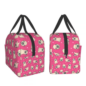 Funny Pugs Lunch Bag Cute Pug Dog Cooler Bag Ροζ θερμική τσάντα για γυναίκες Άνδρες Αγόρι κορίτσι Σχολείο Εργασία Ταξιδιωτική παραλία