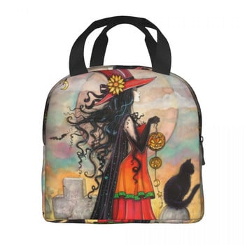 Witch Way Halloween Witch and Black Cat Fantasy Art Insulated Lunch Bag Women αδιάβροχο Molly Harrison Cooler Thermal Lunch Box