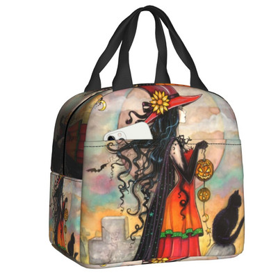 Witch Way Halloween Witch and Black Cat Fantasy Art Insulated Lunch Bag Women αδιάβροχο Molly Harrison Cooler Thermal Lunch Box