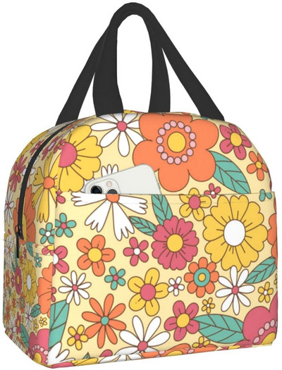 Priešpiečių krepšys Spalvingas gėlėmis izoliuotas priešpiečių dėžutės užšaldomas aušintuvas terminis vandeniui atsparus pietų krepšys, skirtas kelionėms darbo žygiams pėsčiomis