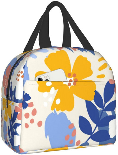 Priešpiečių krepšys Spalvingas gėlėmis izoliuotas priešpiečių dėžutės užšaldomas aušintuvas terminis vandeniui atsparus pietų krepšys, skirtas kelionėms darbo žygiams pėsčiomis