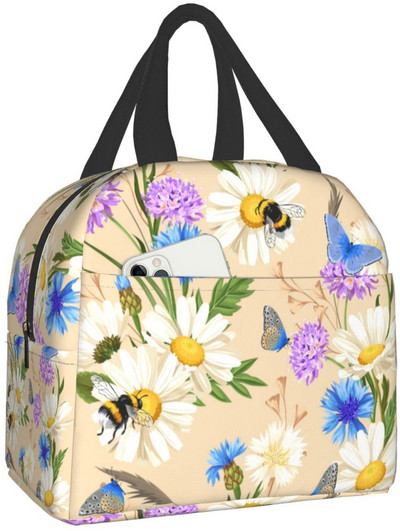 Priešpiečių krepšys Spalvingas gėlėmis izoliuotas priešpiečių dėžutės užšaldomas aušintuvas terminis vandeniui atsparus pietų krepšys, skirtas kelionėms darbo žygiams pėsčiomis