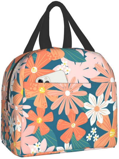 Priešpiečių krepšys Spalvingas gėlėmis izoliuotas priešpiečių dėžutės užšaldomas aušintuvas terminis vandeniui atsparus pietų krepšys, skirtas kelionėms darbo žygiams pėsčiomis