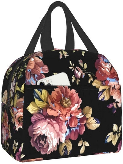 Priešpiečių krepšys Spalvingas gėlėmis izoliuotas priešpiečių dėžutės užšaldomas aušintuvas terminis vandeniui atsparus pietų krepšys, skirtas kelionėms darbo žygiams pėsčiomis