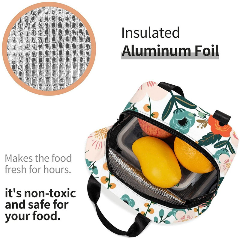 Priešpiečių krepšys Spalvingas gėlėmis izoliuotas priešpiečių dėžutės užšaldomas aušintuvas terminis vandeniui atsparus pietų krepšys, skirtas kelionėms darbo žygiams pėsčiomis