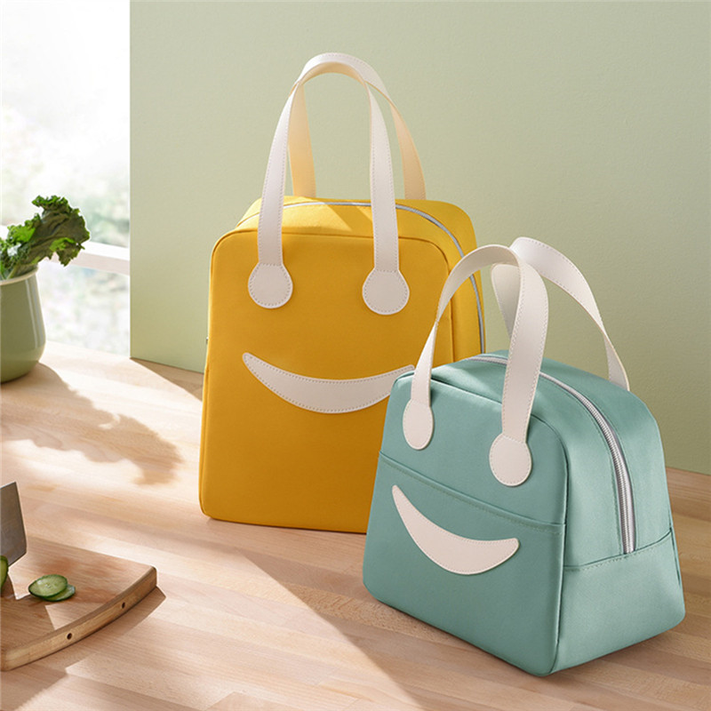 Geantă de prânz termoizolată cu fața zâmbitoare portabilă din pânză Oxford, cutie termică pentru picnic, bento, container de depozitare pentru cină, geantă frigorifică