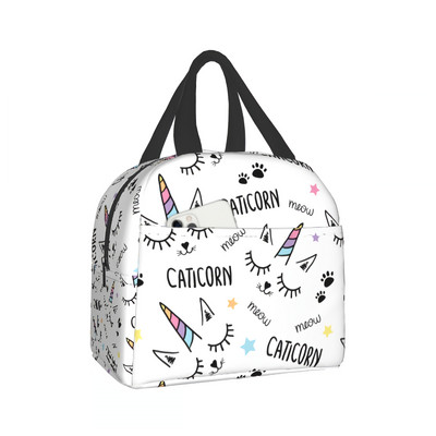 Geantă de prânz cu unicorn pisică Geantă de prânz amuzantă Geantă de prânz izolată drăguță pentru femei, bărbați, adolescenți, fete, băieți