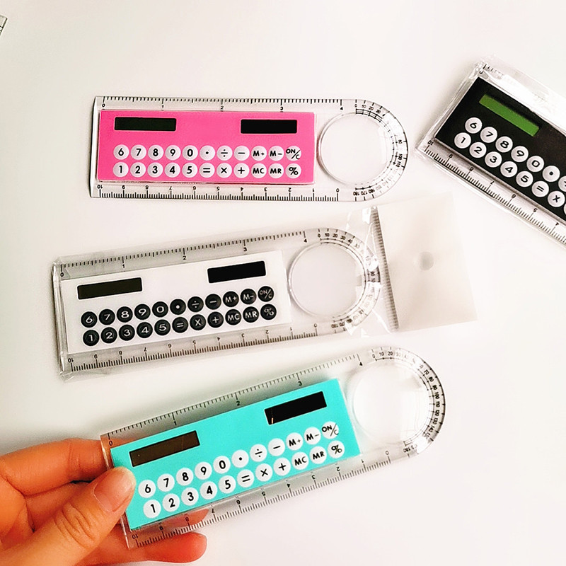 Üliõhuke sirge joonlaud päikesekalkulaatoriga luubiga mini multifunktsionaalne 10 cm pikkune joonlaud Õpilase kooli kontoritarbed