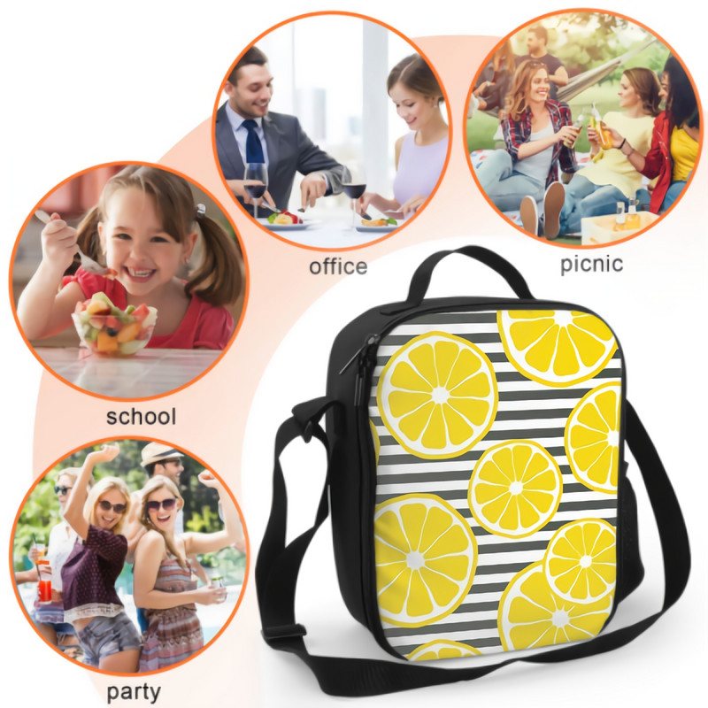 Lămâie proaspătă tăiată, cu dungi albe și negre, cutie de prânz, geantă izolată pentru masă, vară, galben tropical, portocaliu, cu imprimeu de fructe.
