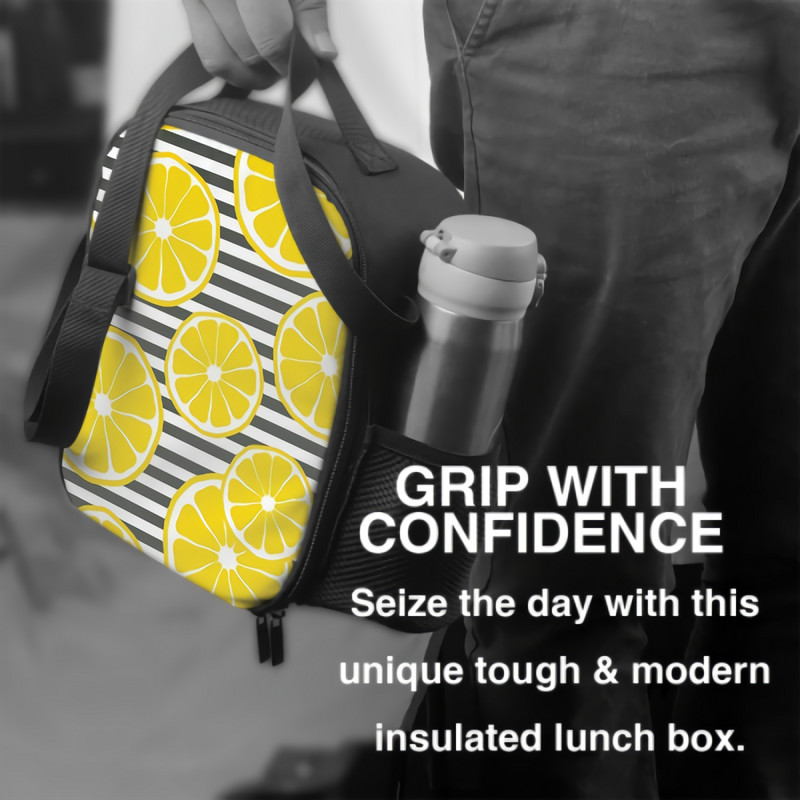 Lămâie proaspătă tăiată, cu dungi albe și negre, cutie de prânz, geantă izolată pentru masă, vară, galben tropical, portocaliu, cu imprimeu de fructe.