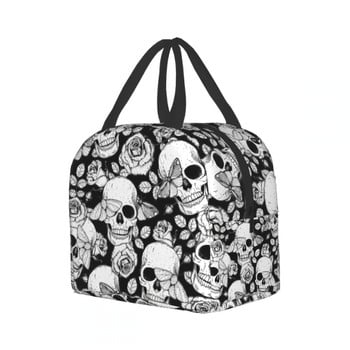 Skull Butterfly and Roses Lunch Bag Goth Τσάντα Cooler Bag Dead Of The Dead Θερμική τσάντα για γυναίκες Άνδρες Αγόρι κορίτσι Σχολείο Εργασία Ταξίδι Παραλία