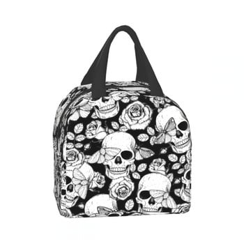 Skull Butterfly and Roses Lunch Bag Goth Τσάντα Cooler Bag Dead Of The Dead Θερμική τσάντα για γυναίκες Άνδρες Αγόρι κορίτσι Σχολείο Εργασία Ταξίδι Παραλία