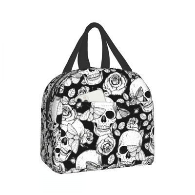 Skull Butterfly and Roses Lunch Bag Goth Τσάντα Cooler Bag Dead Of The Dead Θερμική τσάντα για γυναίκες Άνδρες Αγόρι κορίτσι Σχολείο Εργασία Ταξίδι Παραλία
