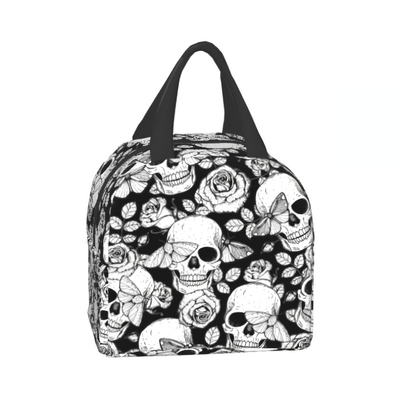 Skull Butterfly and Roses Lunch Bag Goth Τσάντα Cooler Bag Dead Of The Dead Θερμική τσάντα για γυναίκες Άνδρες Αγόρι κορίτσι Σχολείο Εργασία Ταξίδι Παραλία