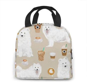 Samoyeds and Coffees Fabric Cute Dog, επαναχρησιμοποιήσιμη μονωμένη τσάντα μεσημεριανού γεύματος Cooler tote box με μπροστινή τσέπη που κλείνει με φερμουάρ για γυναίκα