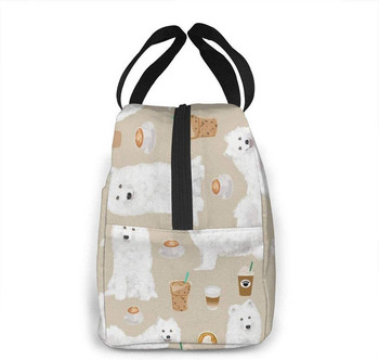 Samoyeds and Coffees Fabric Cute Dog, επαναχρησιμοποιήσιμη μονωμένη τσάντα μεσημεριανού γεύματος Cooler tote box με μπροστινή τσέπη που κλείνει με φερμουάρ για γυναίκα