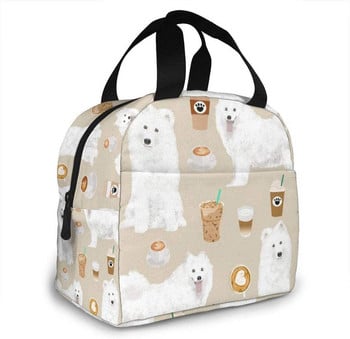 Samoyeds and Coffees Fabric Cute Dog, επαναχρησιμοποιήσιμη μονωμένη τσάντα μεσημεριανού γεύματος Cooler tote box με μπροστινή τσέπη που κλείνει με φερμουάρ για γυναίκα