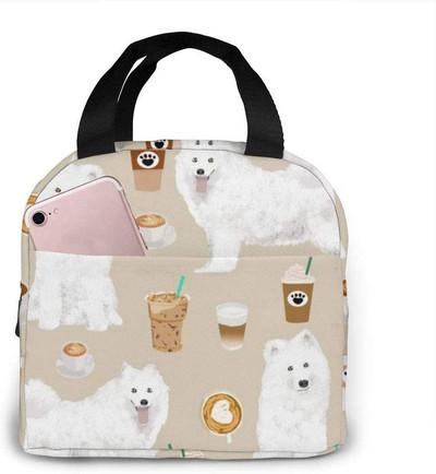 Samoyeds and Coffees Fabric Cute Dog, επαναχρησιμοποιήσιμη μονωμένη τσάντα μεσημεριανού γεύματος Cooler tote box με μπροστινή τσέπη που κλείνει με φερμουάρ για γυναίκα