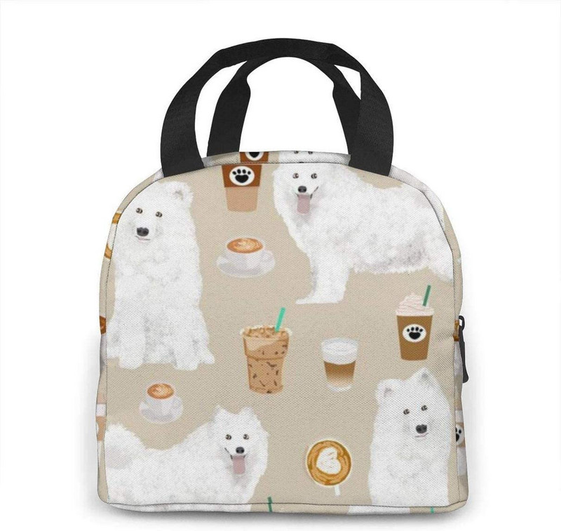 Samojedų ir kavos audinys mielas šuns daugkartinio naudojimo izoliuotas pietų krepšio šaldytuvas su priekinės kišenės užtrauktuku moteriai