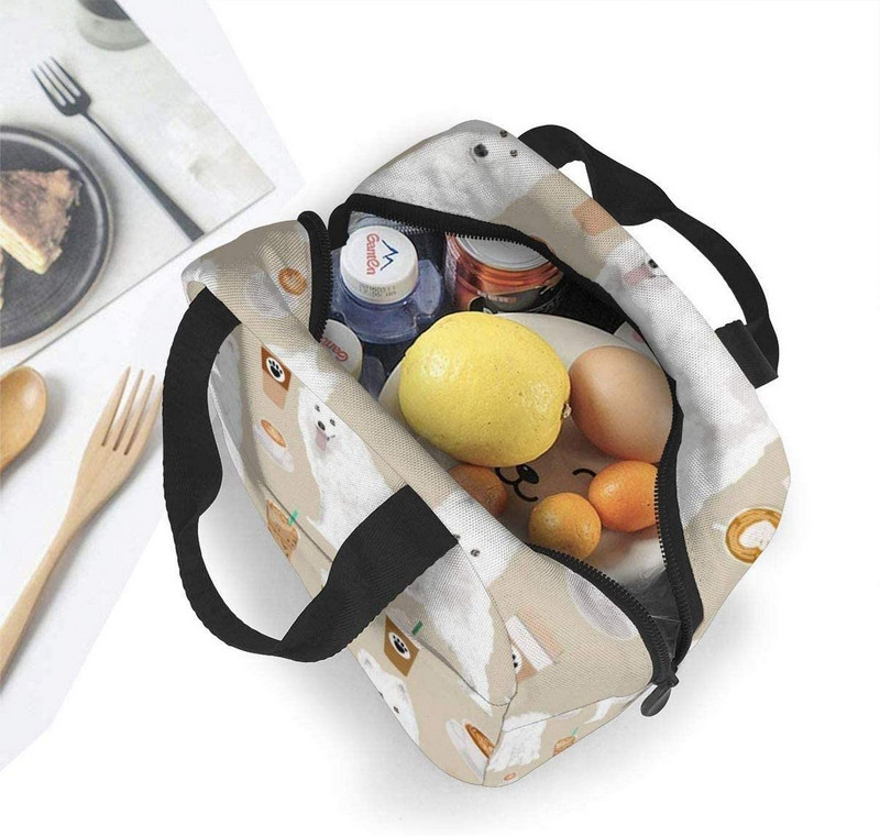 Samojedų ir kavos audinys mielas šuns daugkartinio naudojimo izoliuotas pietų krepšio šaldytuvas su priekinės kišenės užtrauktuku moteriai