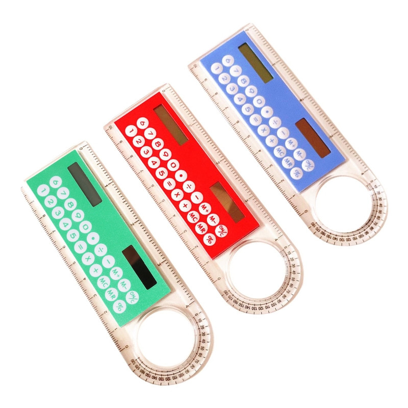 L43D praktikus napelemes számológép, 10 cm-es szög / egyenes vonalzó 3 az 1-ben zsebméretű műanyag