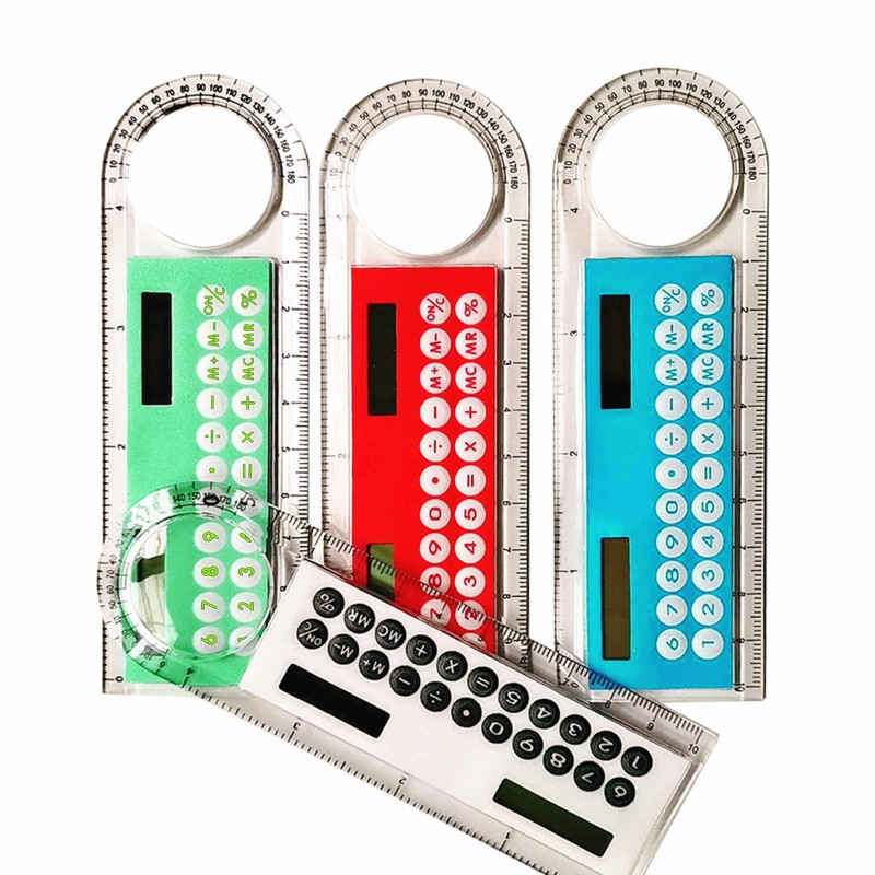 L43D praktikus napelemes számológép, 10 cm-es szög / egyenes vonalzó 3 az 1-ben zsebméretű műanyag