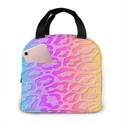 Ολογραφικό στολίδι από γούνα λεοπάρδαλης σε γυναικείες τσάντες μεσημεριανού γεύματος Rainbow, στεγανό, μονωμένο λουλουδάτο κουτί γεύματος με ρυθμιζόμενο ώμο