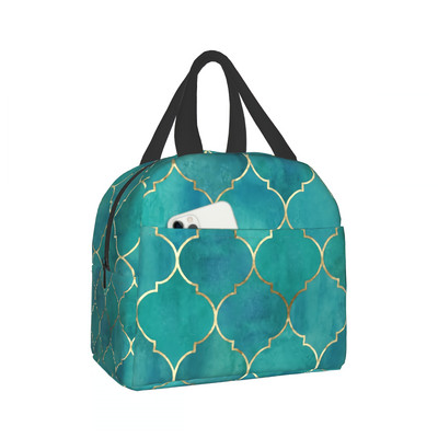 „Imiss Turquoise Quatrefoil“ izoliuotas pietų krepšys moterims, vyrams „Gold Trellis“ mažos priešpiečių dėžutės talpyklos, daugkartinio naudojimo nepralaidus krepšys