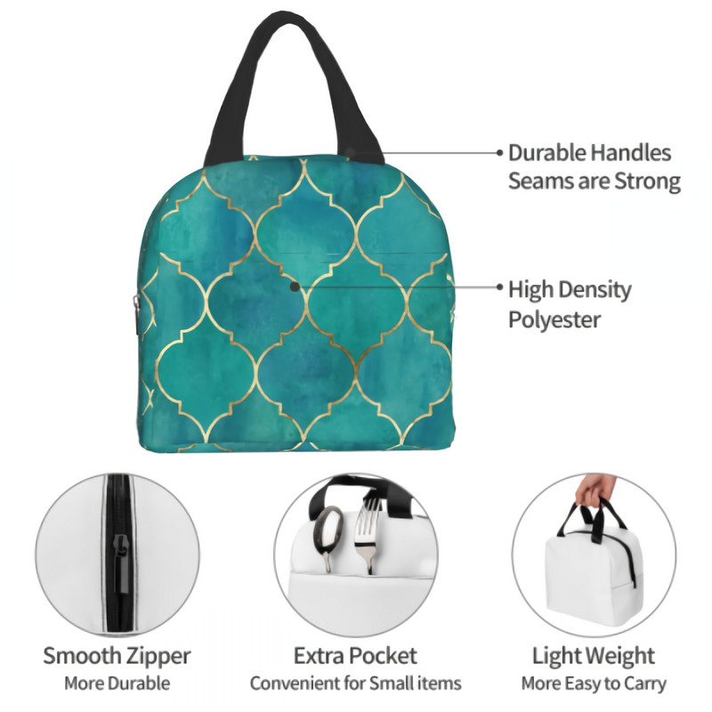„Imiss Turquoise Quatrefoil“ izoliuotas pietų krepšys moterims, vyrams „Gold Trellis“ mažos priešpiečių dėžutės talpyklos, daugkartinio naudojimo nepralaidus krepšys
