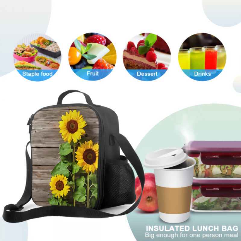 Žuti suncokret na rustikalnoj drvenoj izoliranoj kutiji za ručak nepropusnoj, prijenosnoj torbi za ručak, rashladnoj torbi za višekratnu upotrebu za ured za piknik