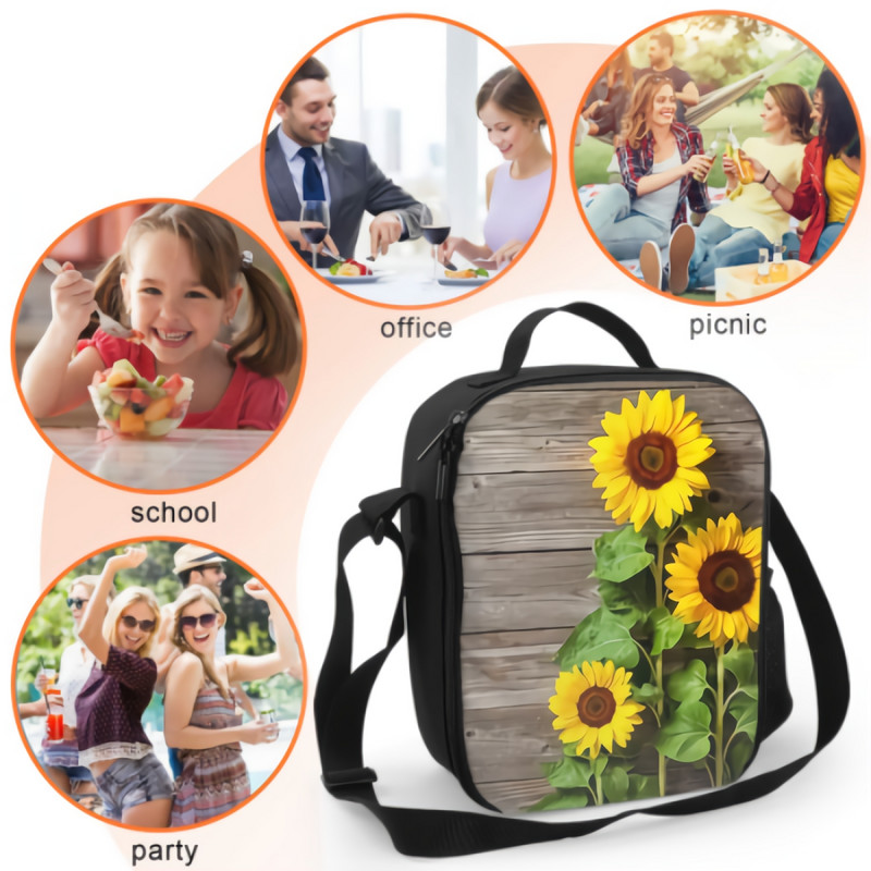 Žuti suncokret na rustikalnoj drvenoj izoliranoj kutiji za ručak nepropusnoj, prijenosnoj torbi za ručak, rashladnoj torbi za višekratnu upotrebu za ured za piknik