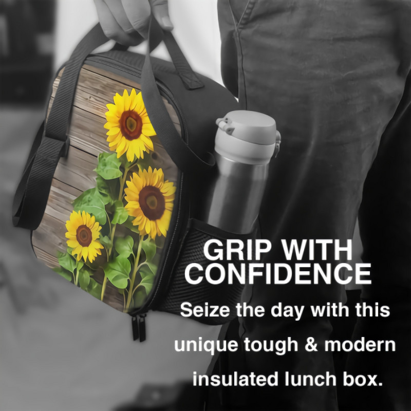 Žuti suncokret na rustikalnoj drvenoj izoliranoj kutiji za ručak nepropusnoj, prijenosnoj torbi za ručak, rashladnoj torbi za višekratnu upotrebu za ured za piknik