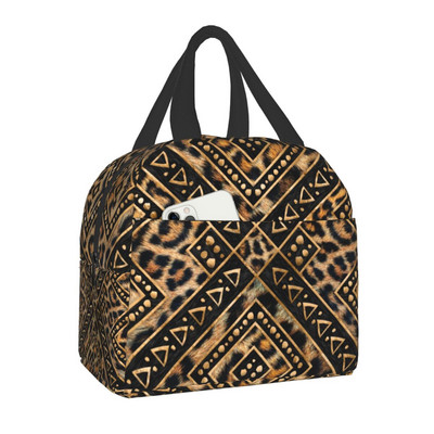 Ethnic Geometric Leopard Print Insolated τσάντα μεσημεριανού γεύματος για γυναίκες Παιδικό σχολείο Δέρμα ζώων Cooler Thermal Lunch Tote Camping Travel