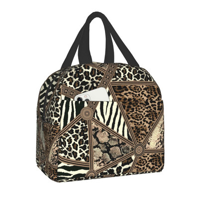 Ethnic Geometric Leopard Print Insolated τσάντα μεσημεριανού γεύματος για γυναίκες Παιδικό σχολείο Δέρμα ζώων Cooler Thermal Lunch Tote Camping Travel