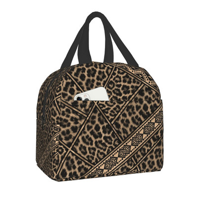 Ethnic Geometric Leopard Print Insolated τσάντα μεσημεριανού γεύματος για γυναίκες Παιδικό σχολείο Δέρμα ζώων Cooler Thermal Lunch Tote Camping Travel